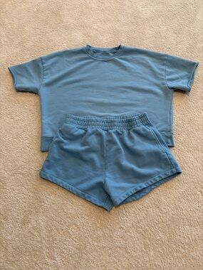 Daily Drills Dusty Blue Short Sleeve Top & Elastic Waist Shorts Set